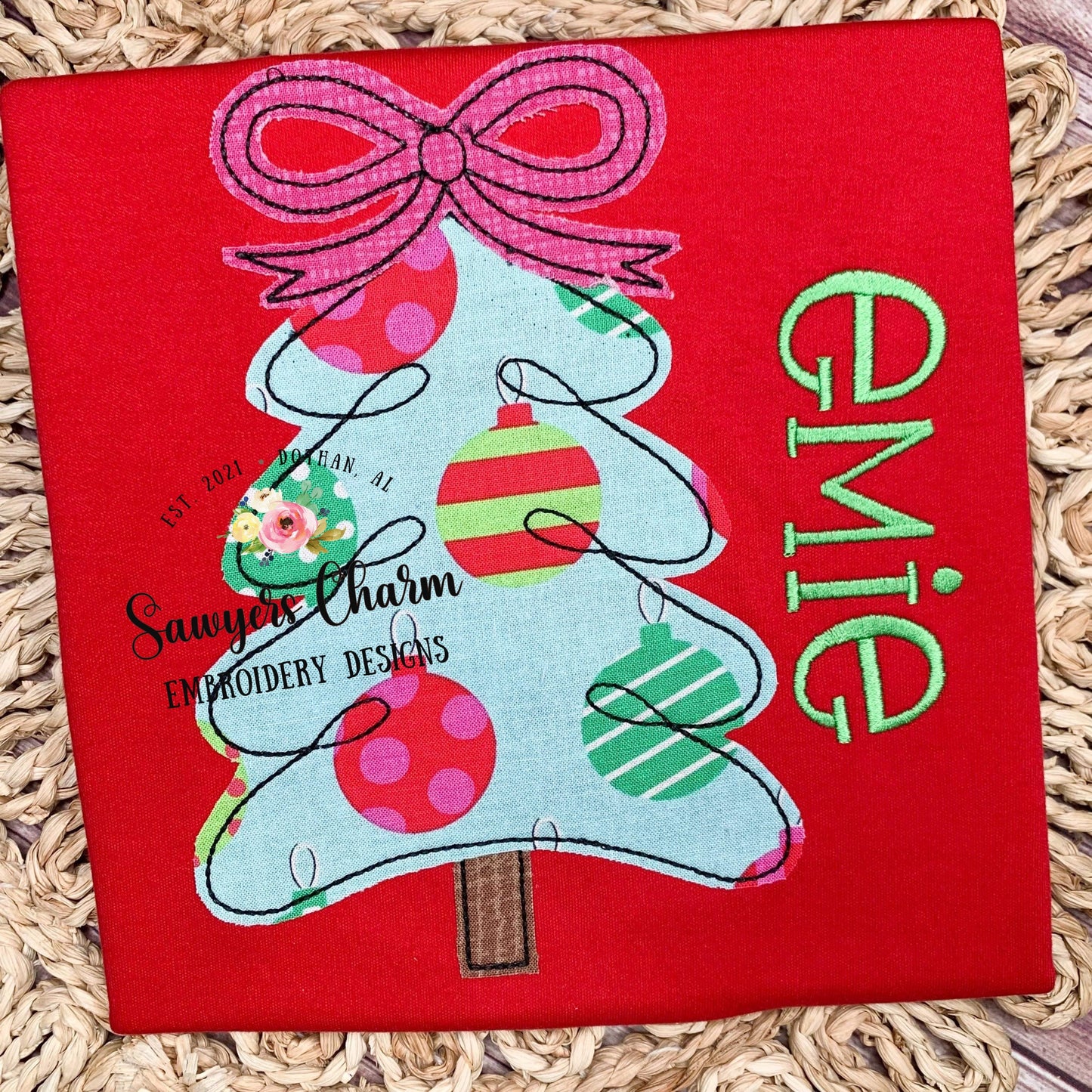 BUNDLE Christmas tree with bow & star, scribble bean stitch applique machine embroidery design file, quick stitch, holidays, boho woodland