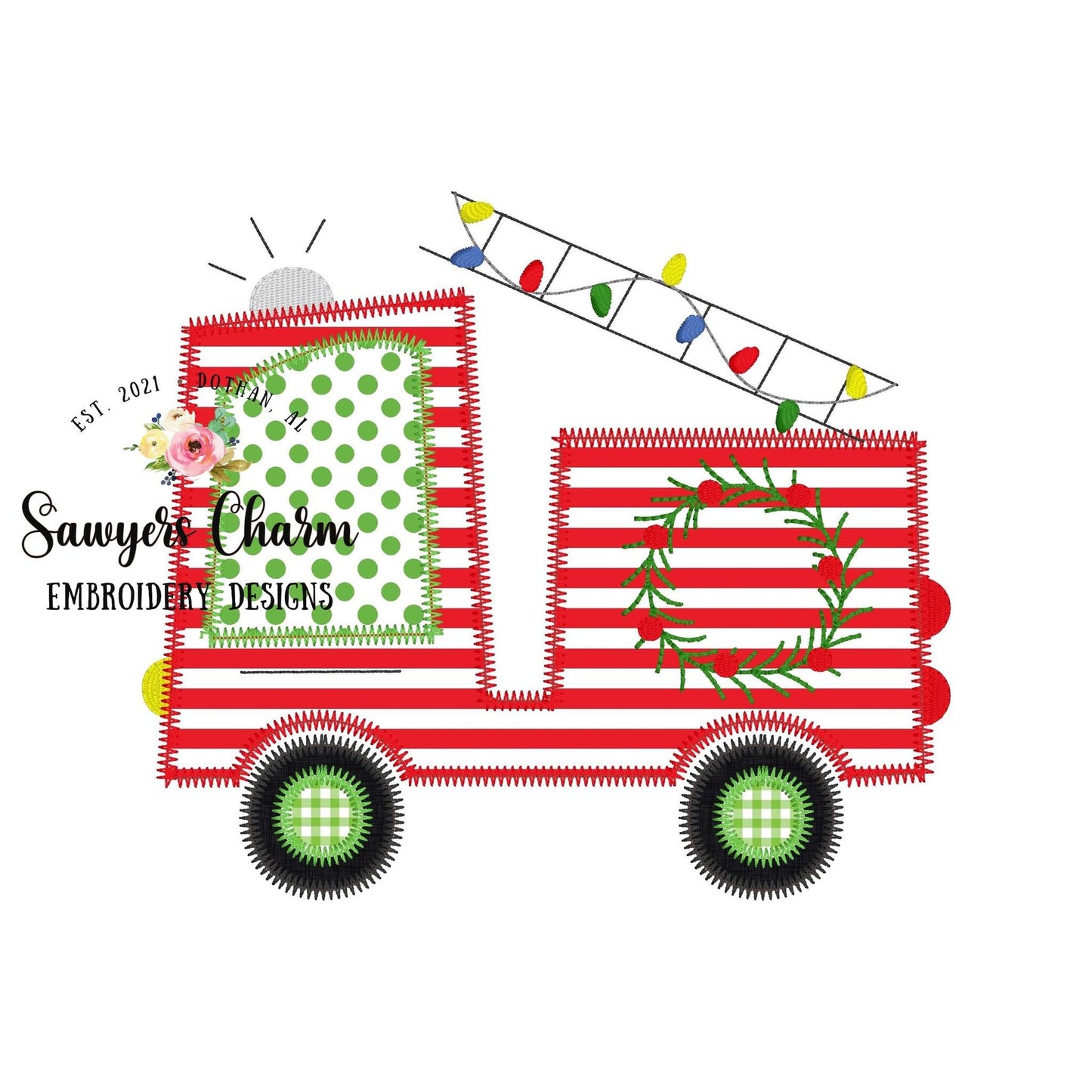 BUNDLE Christmas lights Firetruck zigzag & bean stitch machine applique embroidery file, happy holidays, Merry Christmas, wreath, holly