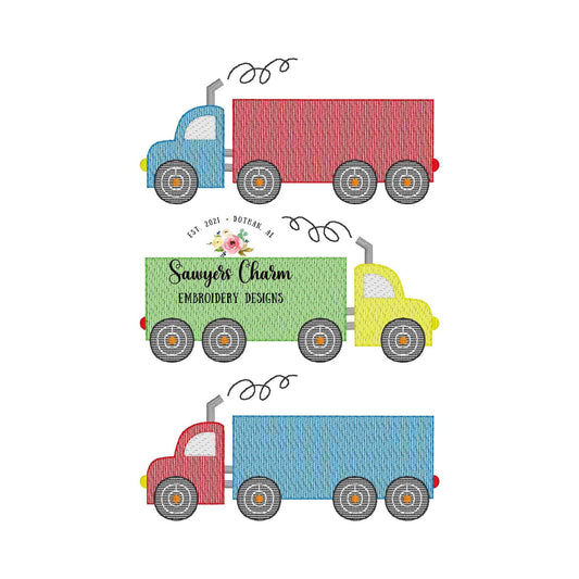 Semi big truck trio sketch stitch machine embroidery design file, bean stitch details, transportation vehicle, hauler