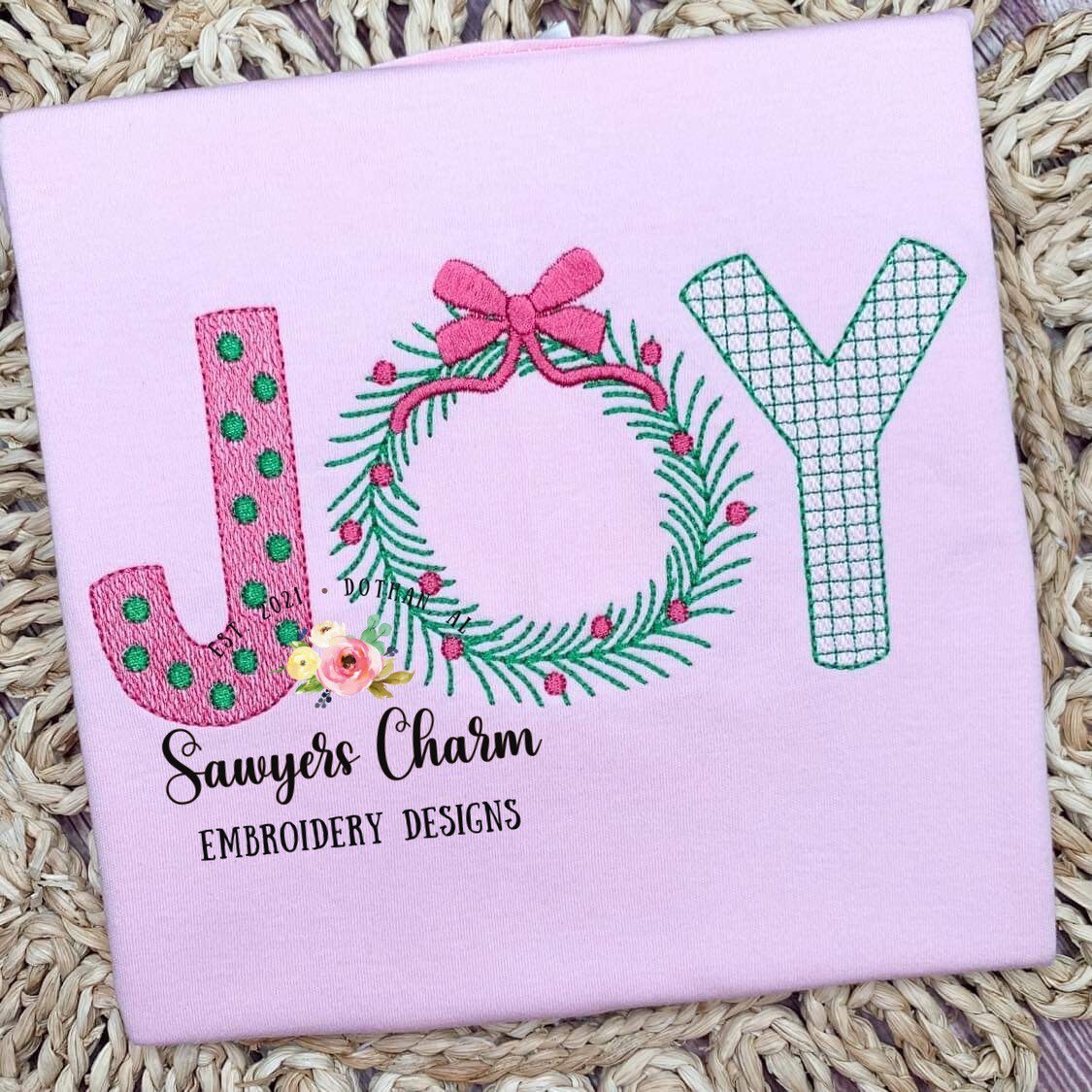 BUNDLE Christmas JOY wreath with bow zigzag applique/sketch stitch/decorative sketch, machine embroidery design file, bean stitch, holidays