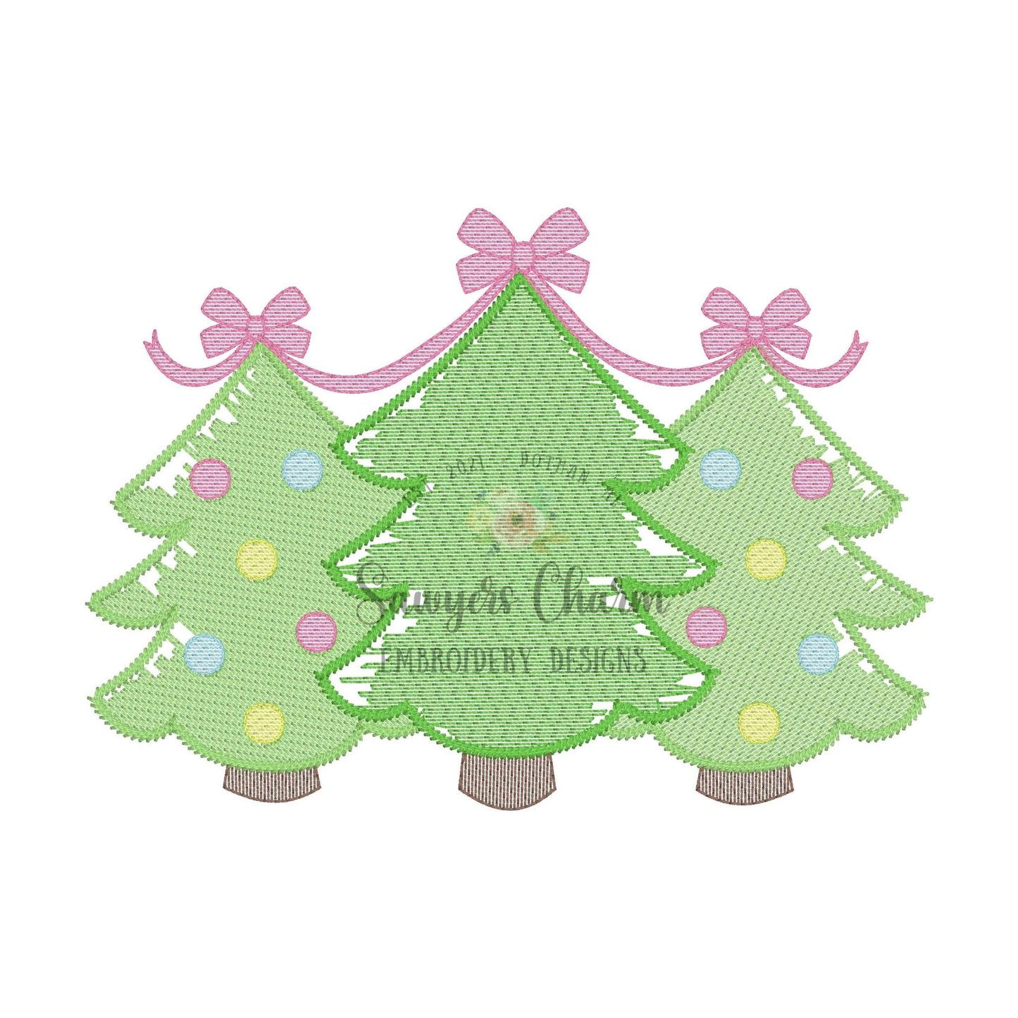 BUNDLE Christmas tree trio with bows & stars watercolor sketch stitch machine embroidery design file, quick stitch holidays boho/woodland