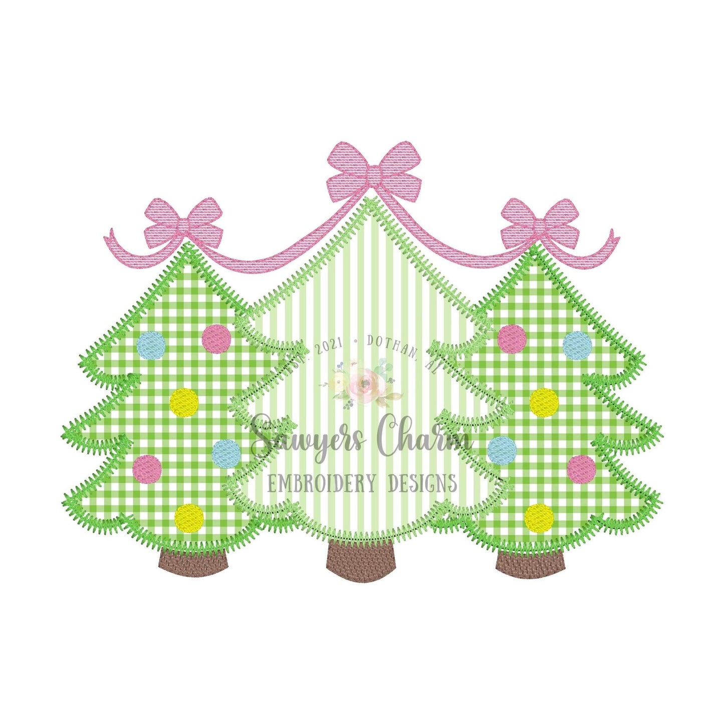 BUNDLE Christmas tree trio with bows & stars zigzag stitch machine applique, embroidery design file, happy holidays boho/woodland ornaments