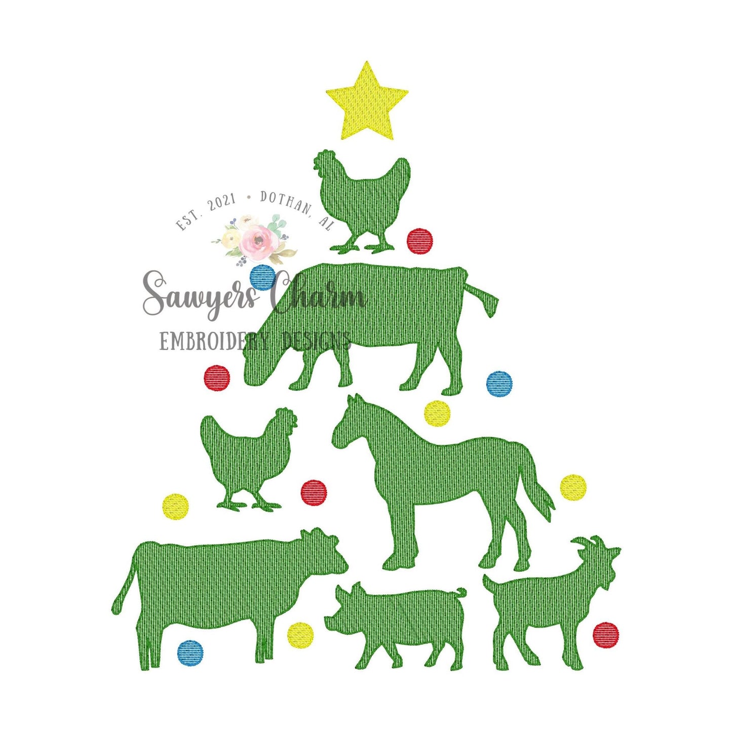 Farm animals Christmas tree with star sketch stitch machine embroidery design file, quick stitch, happy holidays, livestock, ornaments, cow