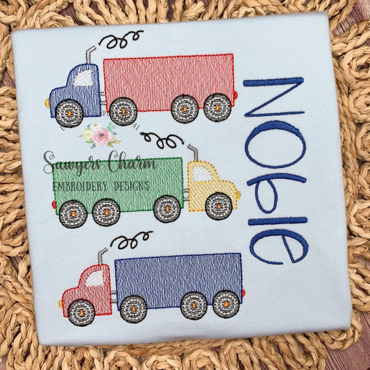 Semi big truck trio sketch stitch machine embroidery design file, bean stitch details, transportation vehicle, hauler