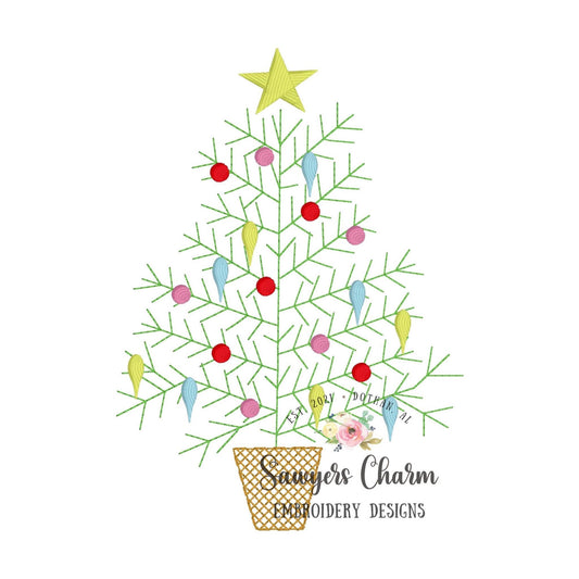 Christmas tree in basket, ornaments, star bean stitch machine embroidery design file, quick stitch, happy holidays, whimsical, elegant