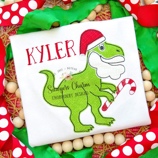 Santa T-Rex bean stitch applique, machine embroidery design file, quick stitch, Christmas dinosaur with beard, Ho ho ho, sketch candy cane