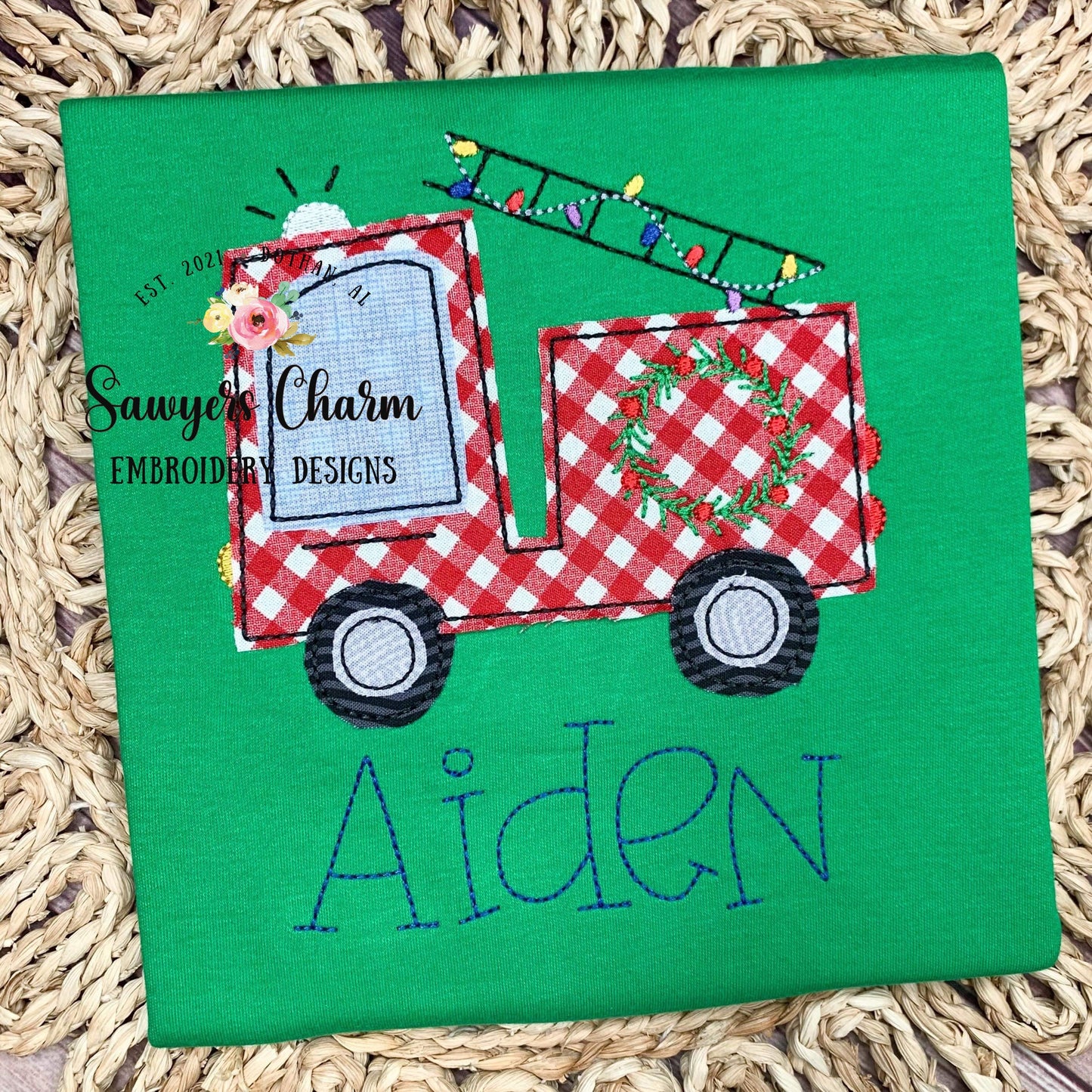 BUNDLE Christmas lights Firetruck zigzag & bean stitch machine applique embroidery file, happy holidays, Merry Christmas, wreath, holly
