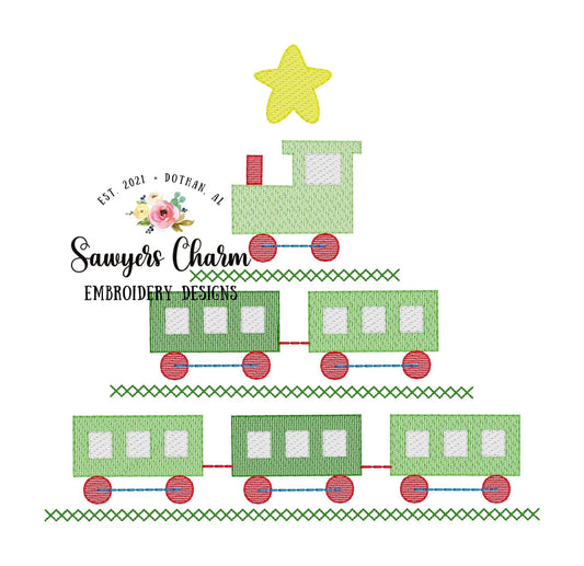 Christmas tree train & star sketch stitch machine embroidery design file quick stitch, happy holidays, steam engine caboose, Merry Christmas