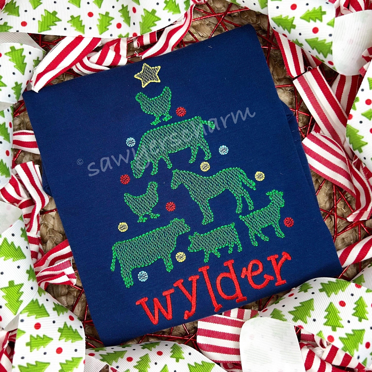Farm animals Christmas tree with star sketch stitch machine embroidery design file, quick stitch, happy holidays, livestock, ornaments, cow