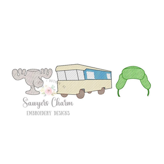 Christmas vacation sketch stitch trio machine embroidery design file, quick stitch, RV camper, moose mug, Cousin Eddie hat, Happy Holidays