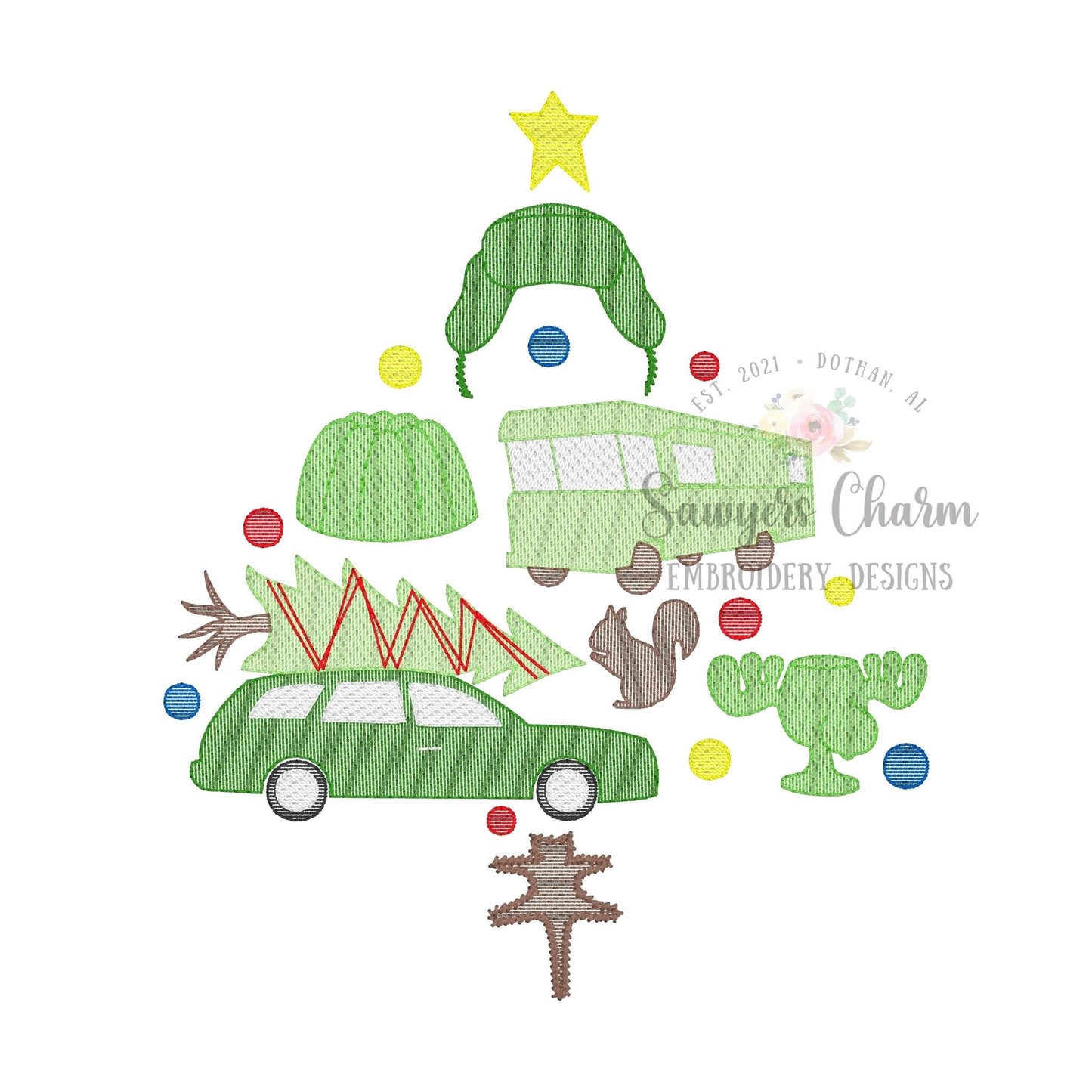 BUNDLE Christmas vacation tree sketch stitch machine embroidery design file, station wagon, tree, jello, cat, ornaments, trio RV camper