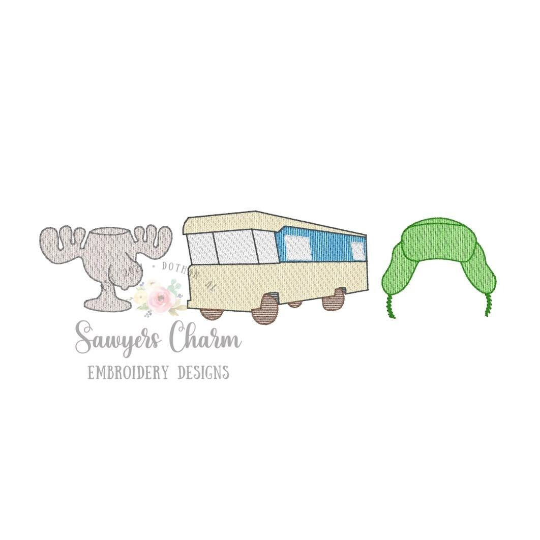 BUNDLE Christmas vacation tree sketch stitch machine embroidery design file, station wagon, tree, jello, cat, ornaments, trio RV camper