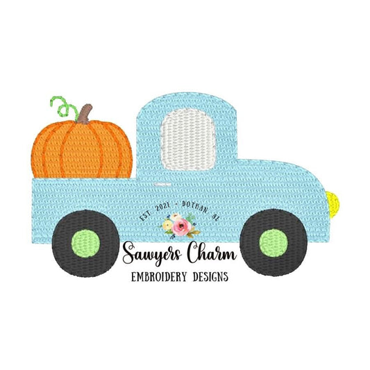 Mini fill pumpkin truck machine embroidery design file, bean stitch, farming, harvest, transportation, monogram frame, fall, halloween