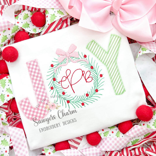 Christmas JOY wreath with bow zig zag applique, machine embroidery design file, bean stitch wreath, happy holidays, satin stitch bow