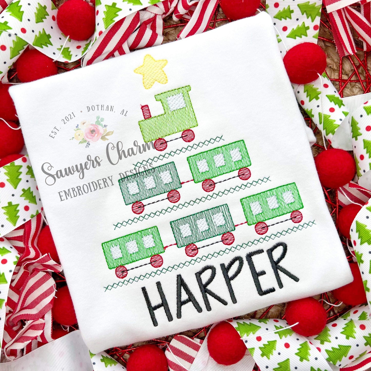 Christmas tree train & star sketch stitch machine embroidery design file quick stitch, happy holidays, steam engine caboose, Merry Christmas