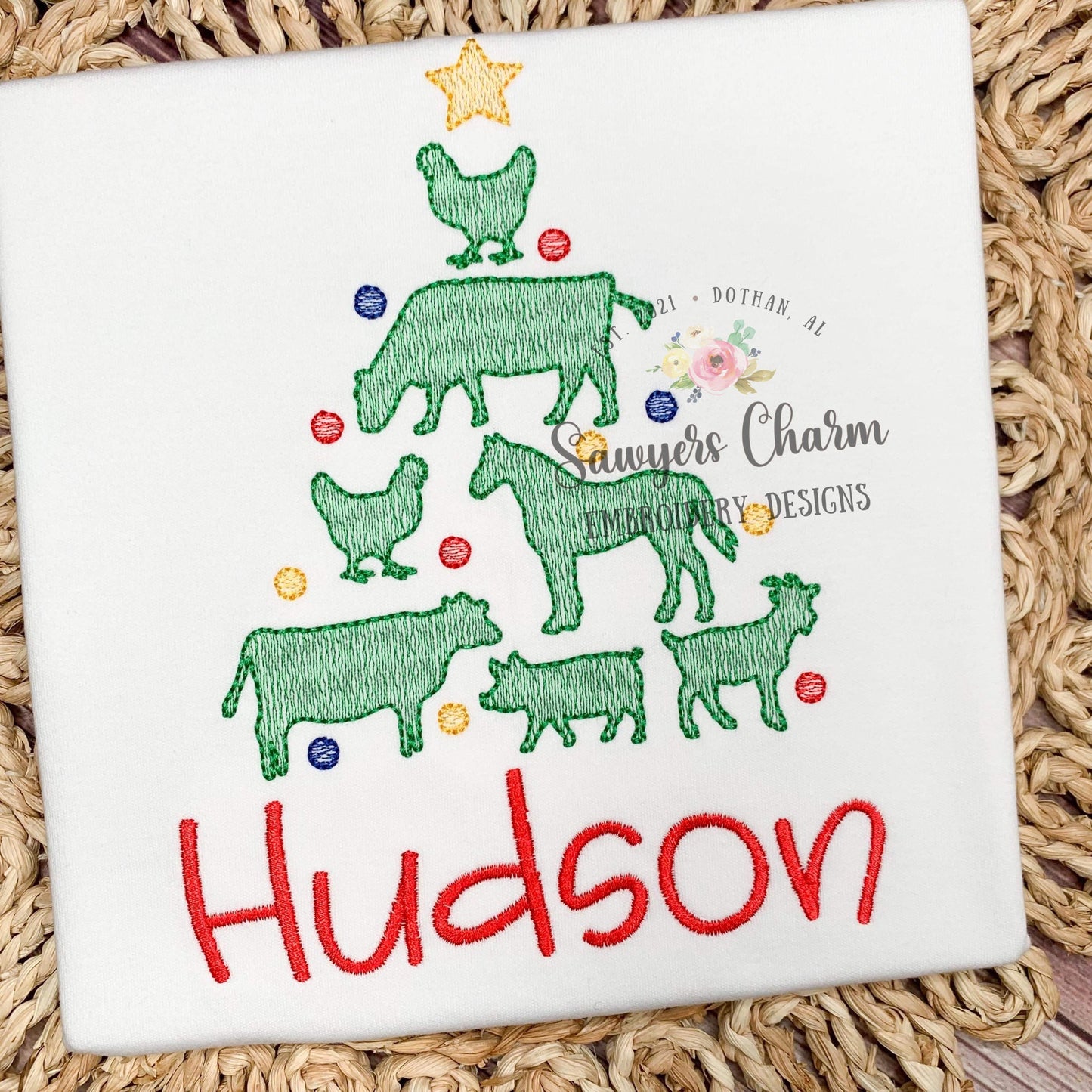 Farm animals Christmas tree with star sketch stitch machine embroidery design file, quick stitch, happy holidays, livestock, ornaments, cow