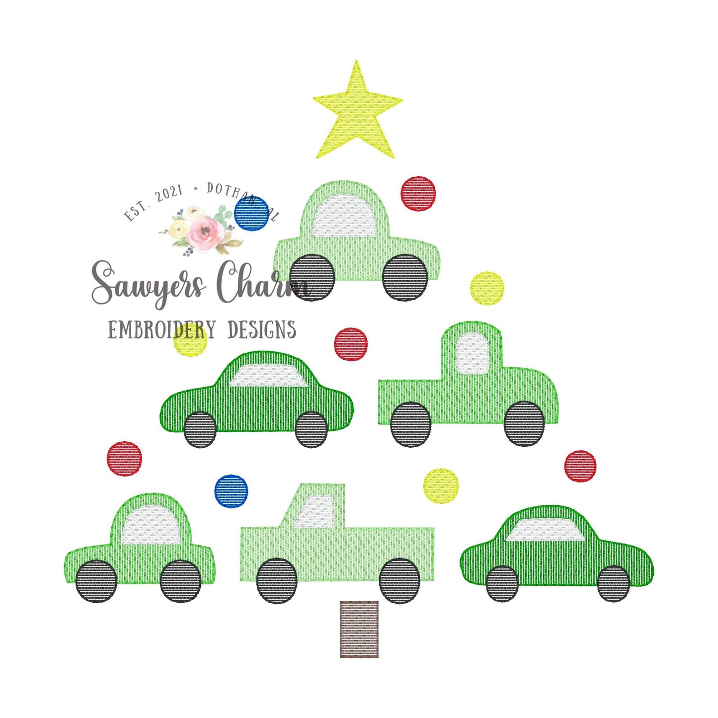 Christmas tree cars & trucks star sketch stitch machine embroidery design file, quick stitch, happy holidays Merry Christmas, transportation