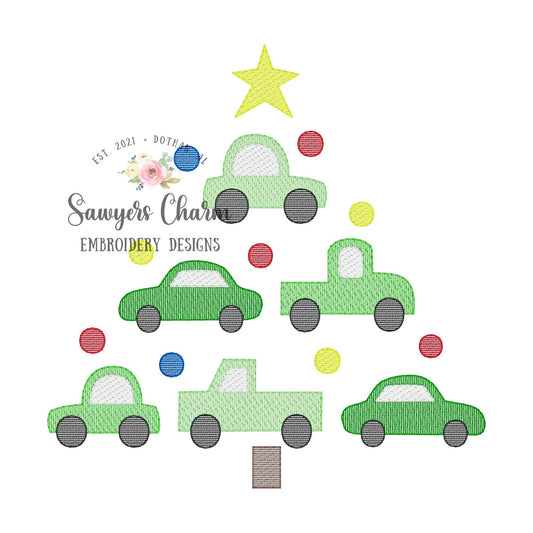 Christmas tree cars & trucks star sketch stitch machine embroidery design file, quick stitch, happy holidays Merry Christmas, transportation