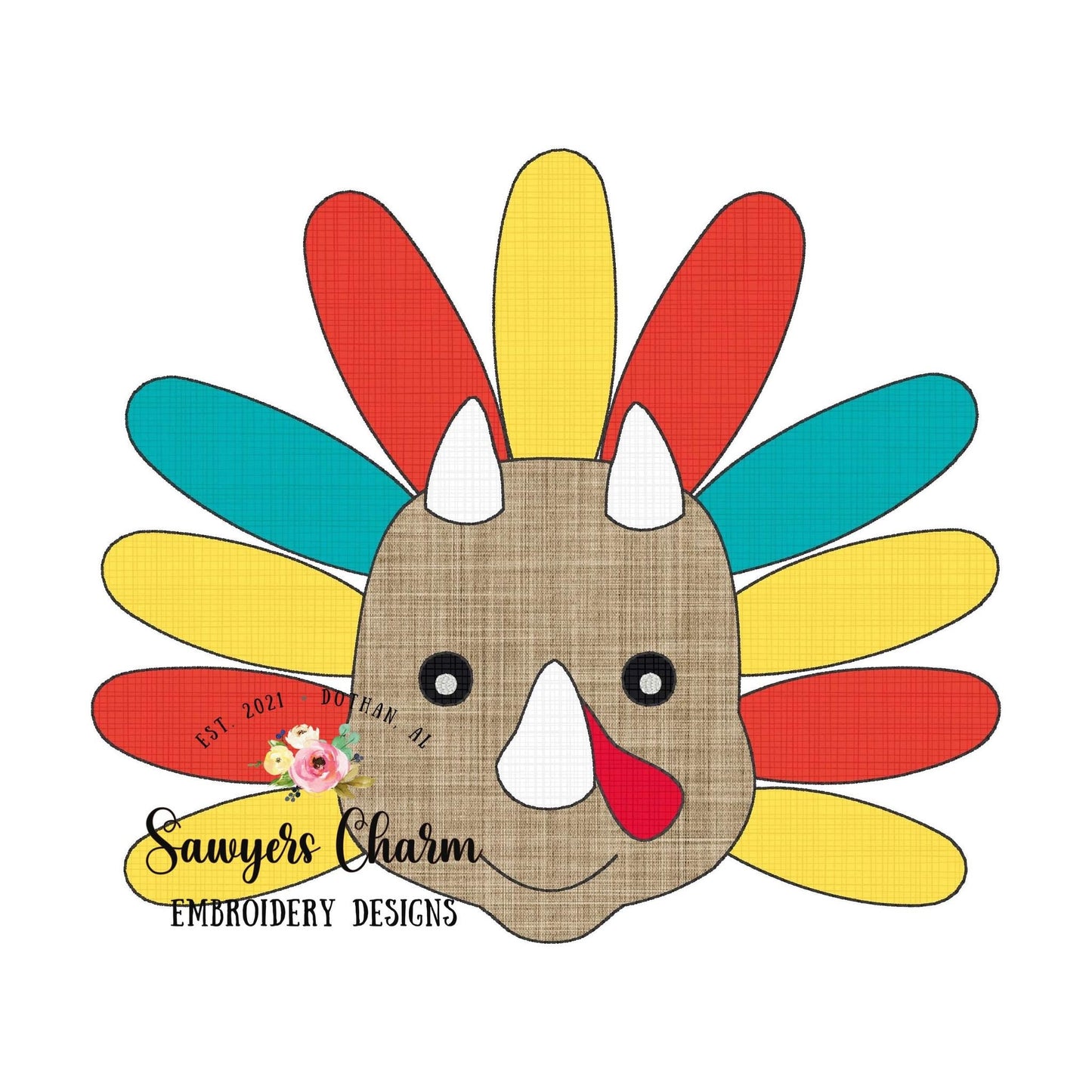 BUNDLE Turkey triceratops zigzag & bean stitch applique machine embroidery design file, dino, quick stitch, fall thanksgiving, dinosaur