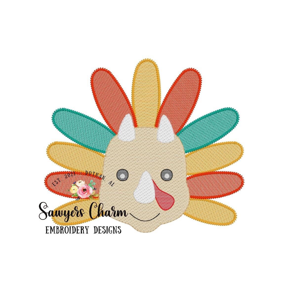 Turkey triceratops sketch stitch machine embroidery design file, dino, quick stitch, fall thanksgiving, dinosaur, gobble gobble