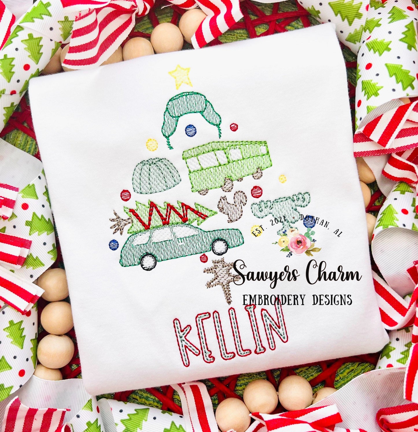 Christmas vacation tree sketch stitch machine embroidery design file, station wagon, tree, jello, cat, ornaments, quick stitch, RV camper
