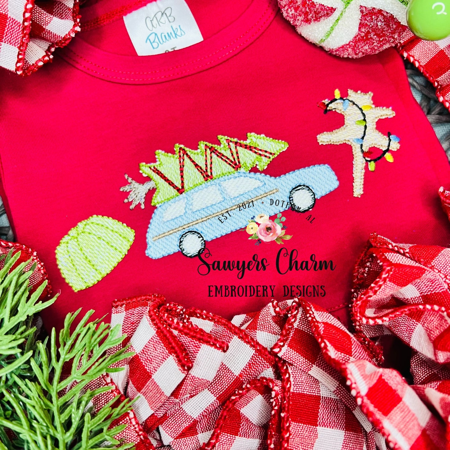 Christmas vacation sketch stitch trio machine embroidery design file, station wagon, tree, jello, cat, christmas lights, quick stitch