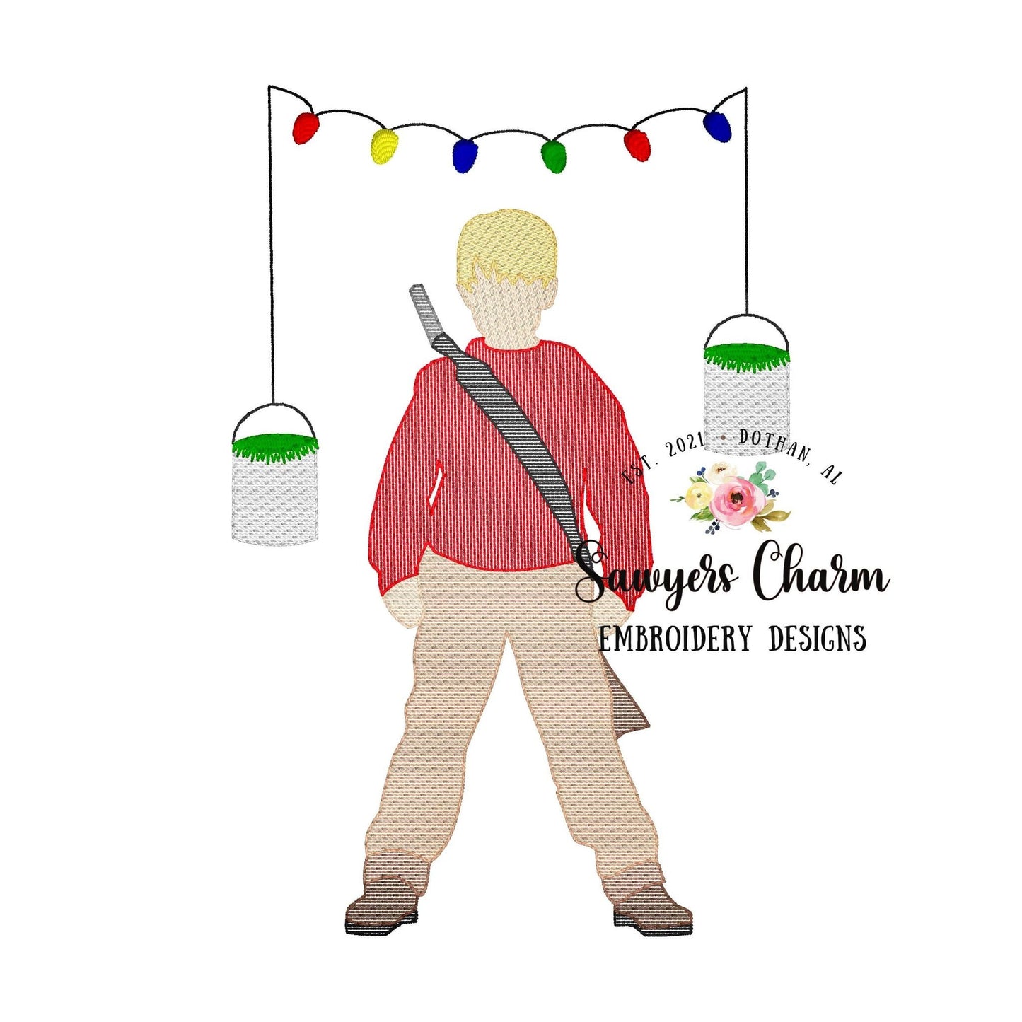Kevin paint cans Christmas lights sketch stitch machine embroidery design file, bean stitch, happy holidays, quick stitch, home, BB gun