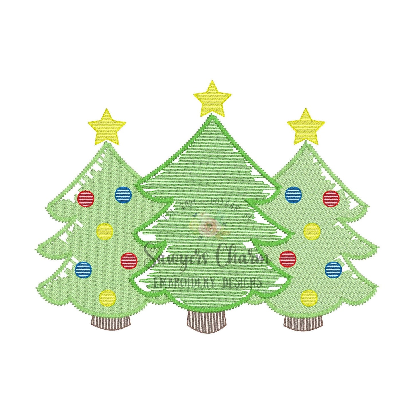 BUNDLE Christmas tree trio with bows & stars watercolor sketch stitch machine embroidery design file, quick stitch holidays boho/woodland