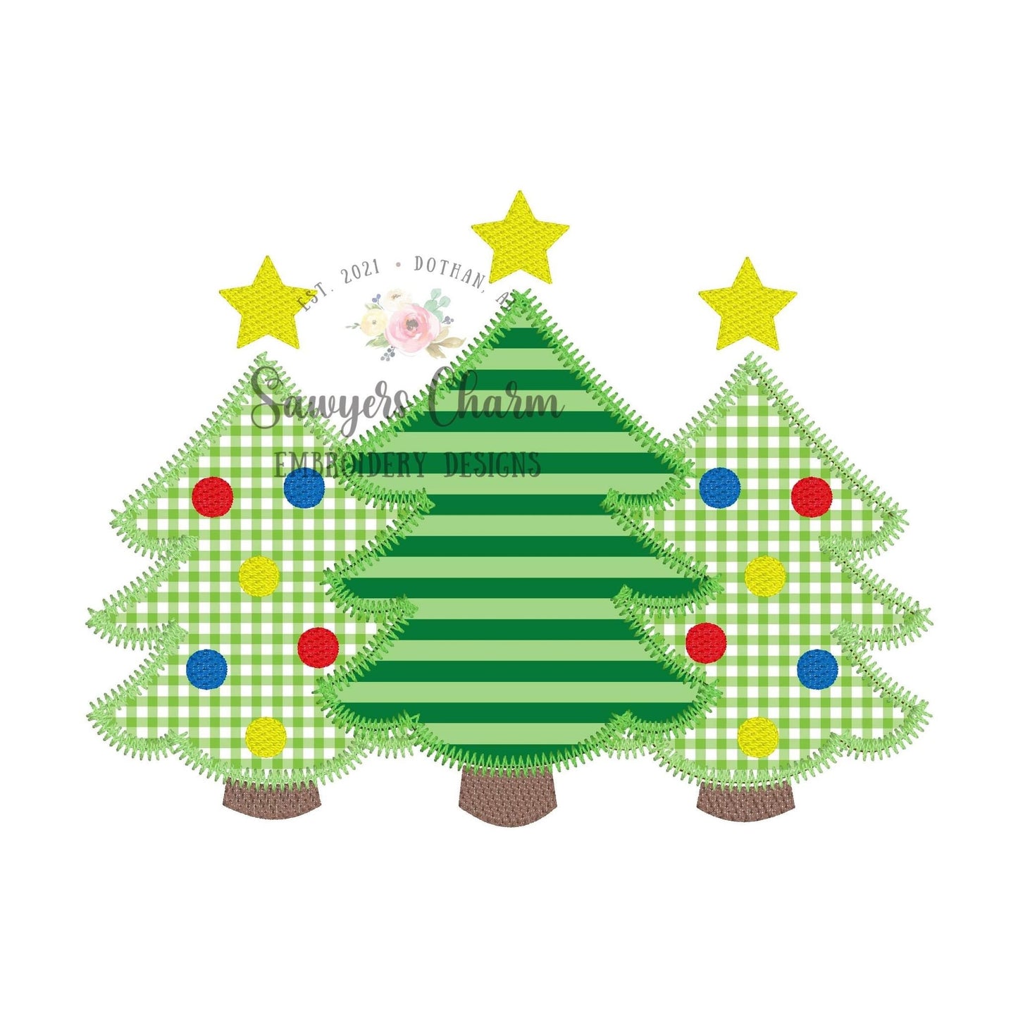BUNDLE Christmas tree trio with bows & stars zigzag stitch machine applique, embroidery design file, happy holidays boho/woodland ornaments