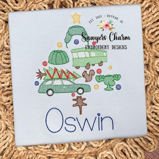 Christmas vacation tree sketch stitch machine embroidery design file, station wagon, tree, jello, cat, ornaments, quick stitch, RV camper