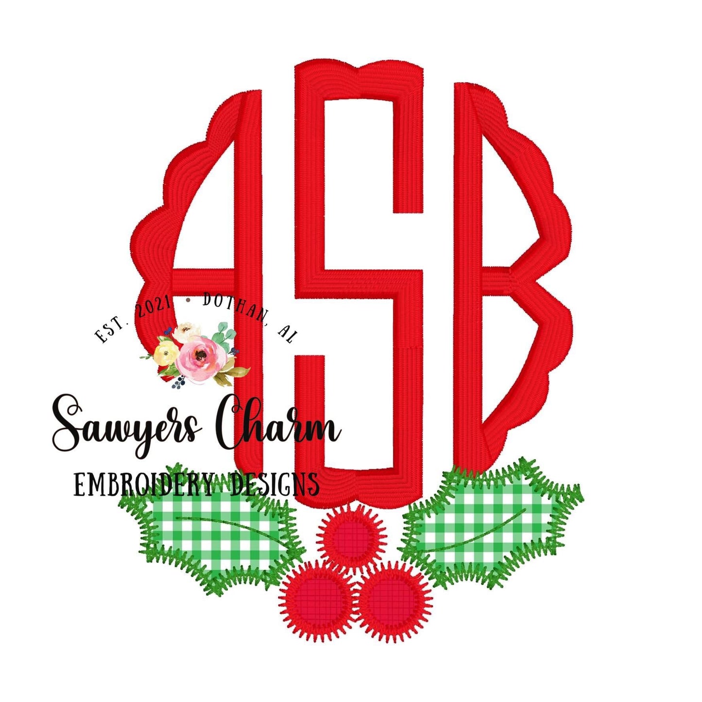 BUNDLE Holly berry bean stitch & zig zag machine applique embroidery design file, quick stitch, Christmas, happy holidays, monogram frame