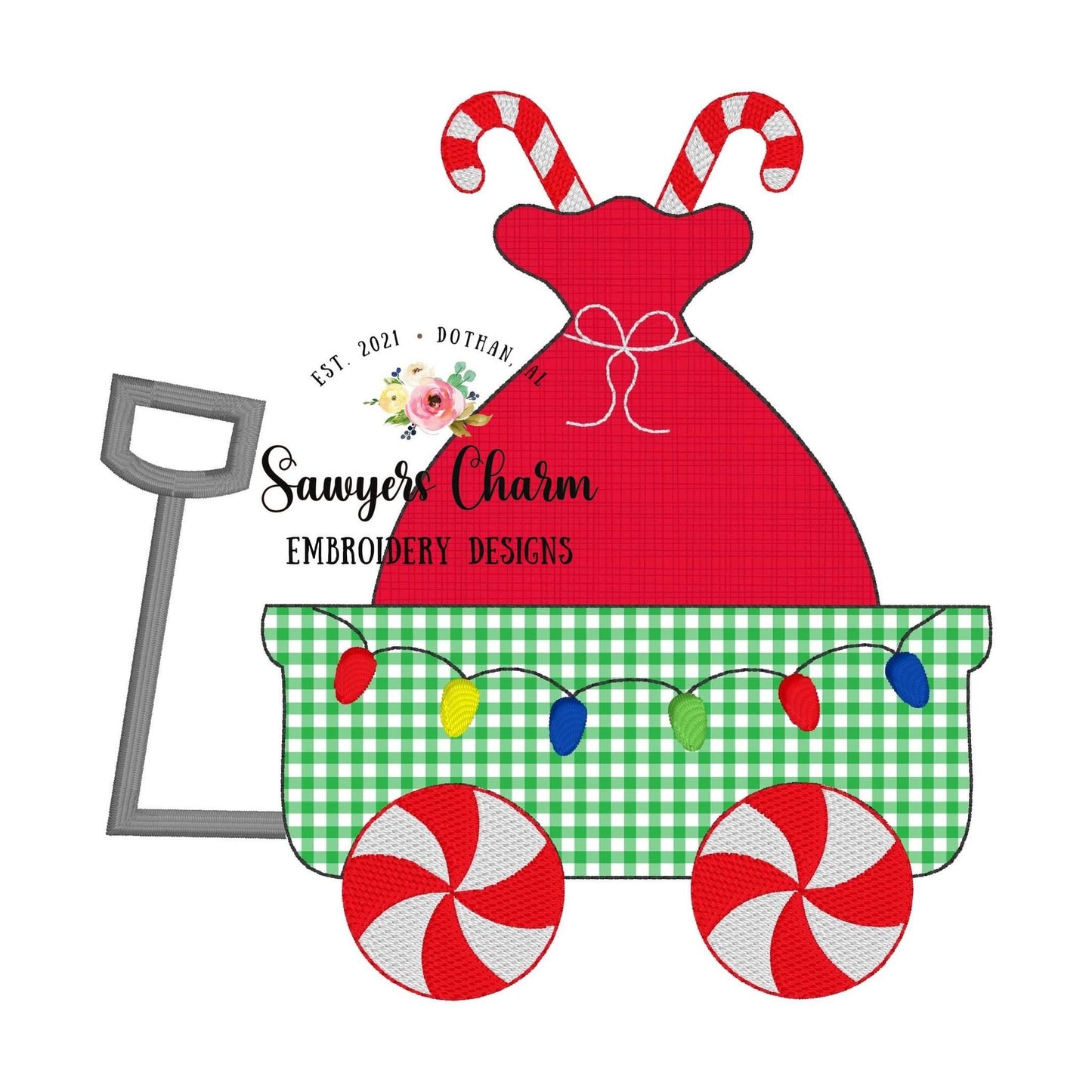 BUNDLE Christmas wagon zigzag & bean stitch machine applique embroidery file, happy holidays, Merry Christmas, Santa sack, candy cane lights