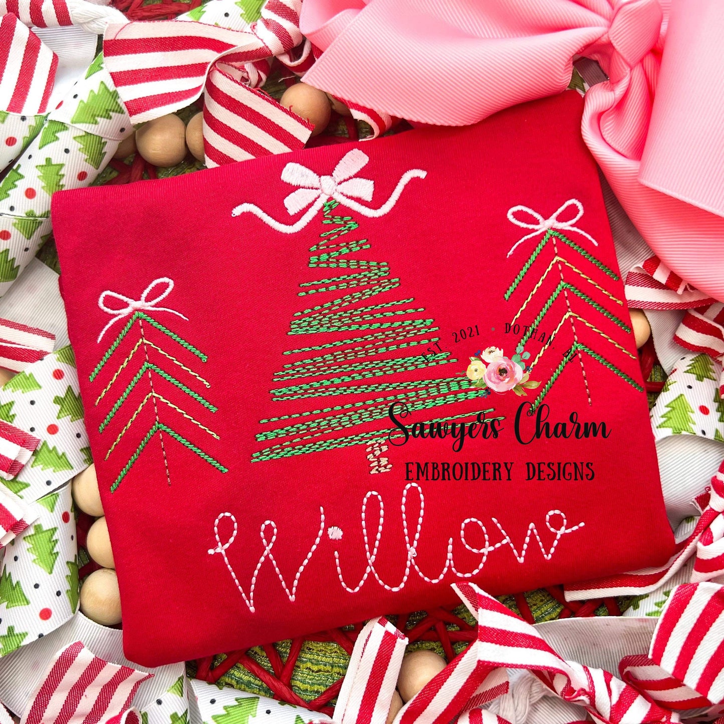 BUNDLE Christmas trees with bows & star vintage bean stitch sketch machine embroidery design file, quick stitch, holidays, font not included