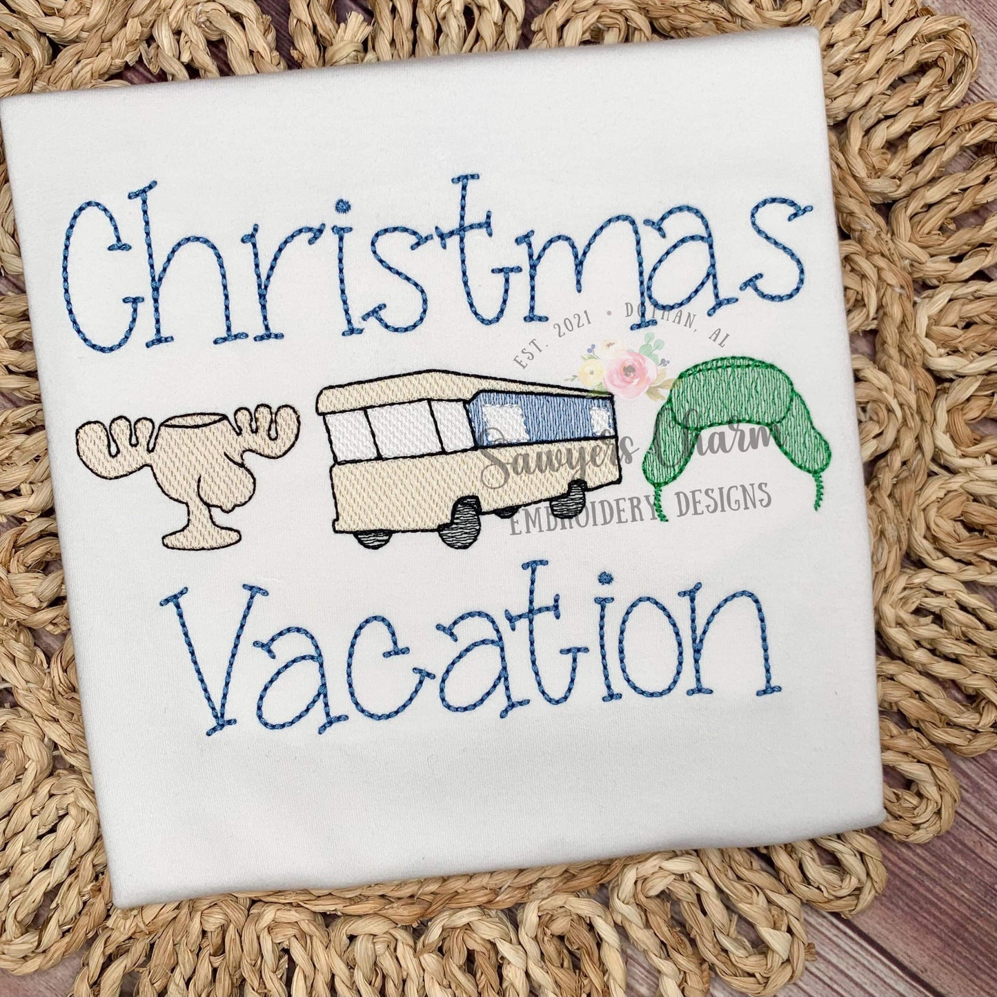 BUNDLE Christmas vacation tree sketch stitch machine embroidery design file, station wagon, tree, jello, cat, ornaments, trio RV camper