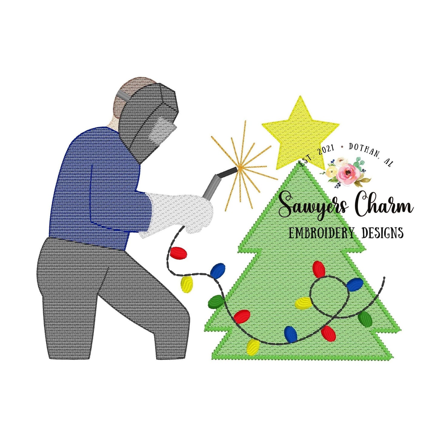 Christmas tree welder with lights & star sketch stitch machine embroidery design file, quick stitch, happy holidays Merry Christmas, welding