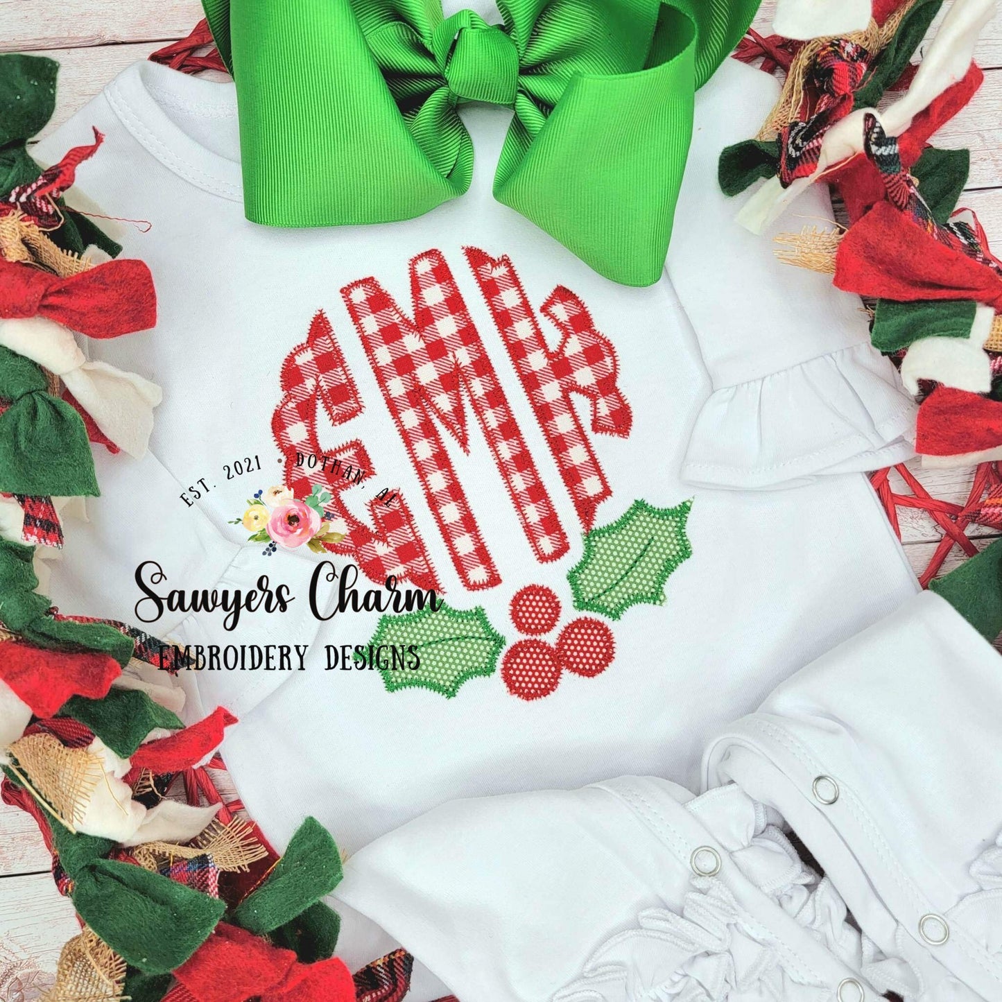 BUNDLE Holly berry bean stitch & zig zag machine applique embroidery design file, quick stitch, Christmas, happy holidays, monogram frame