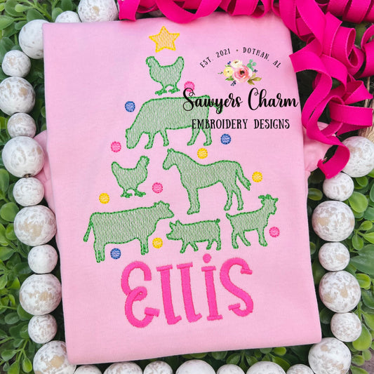 Farm animals Christmas tree with star sketch stitch machine embroidery design file, quick stitch, happy holidays, livestock, ornaments, cow