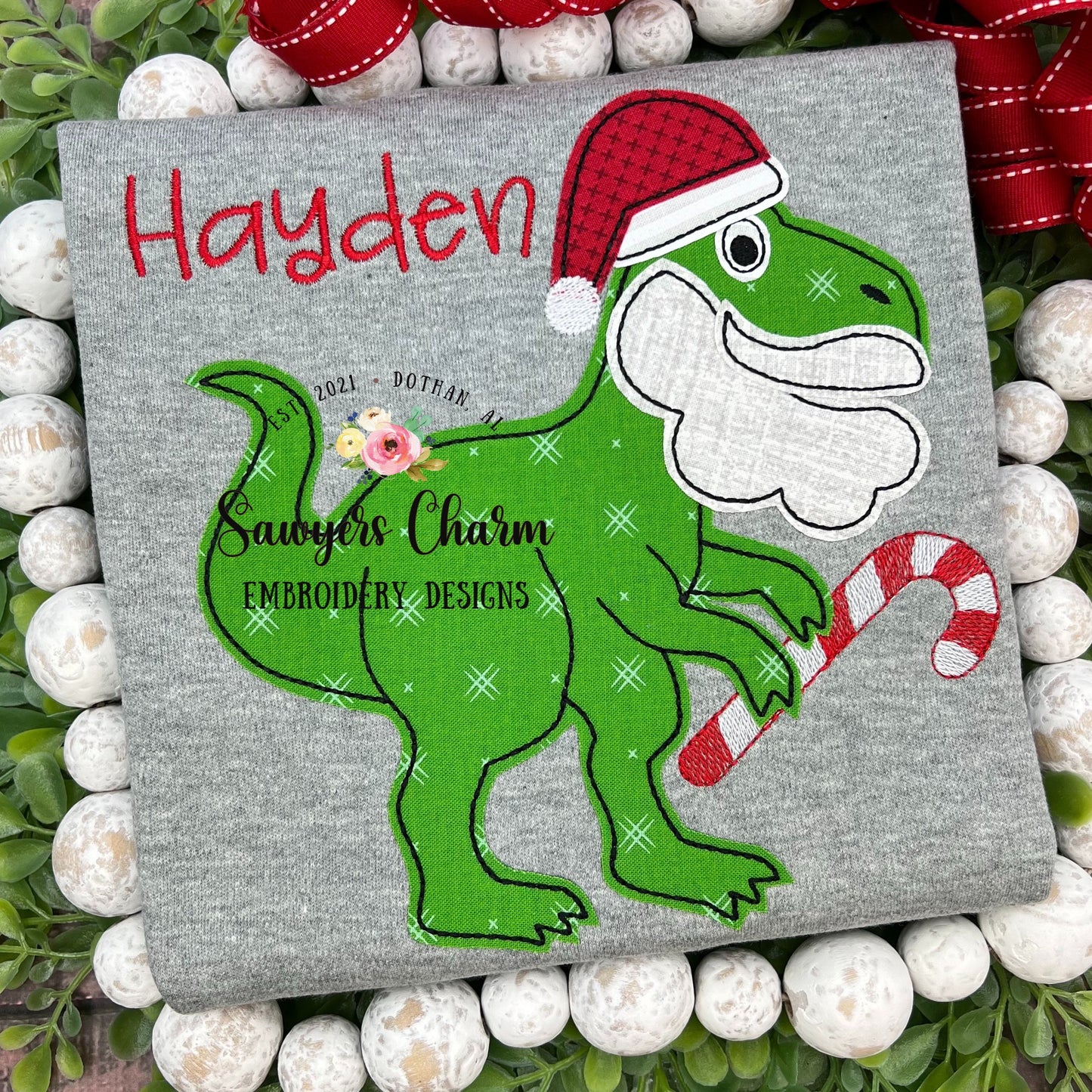 Santa T-Rex bean stitch applique, machine embroidery design file, quick stitch, Christmas dinosaur with beard, Ho ho ho, sketch candy cane