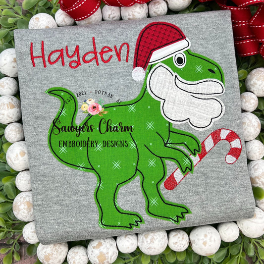 Santa T-Rex bean stitch applique, machine embroidery design file, quick stitch, Christmas dinosaur with beard, Ho ho ho, sketch candy cane