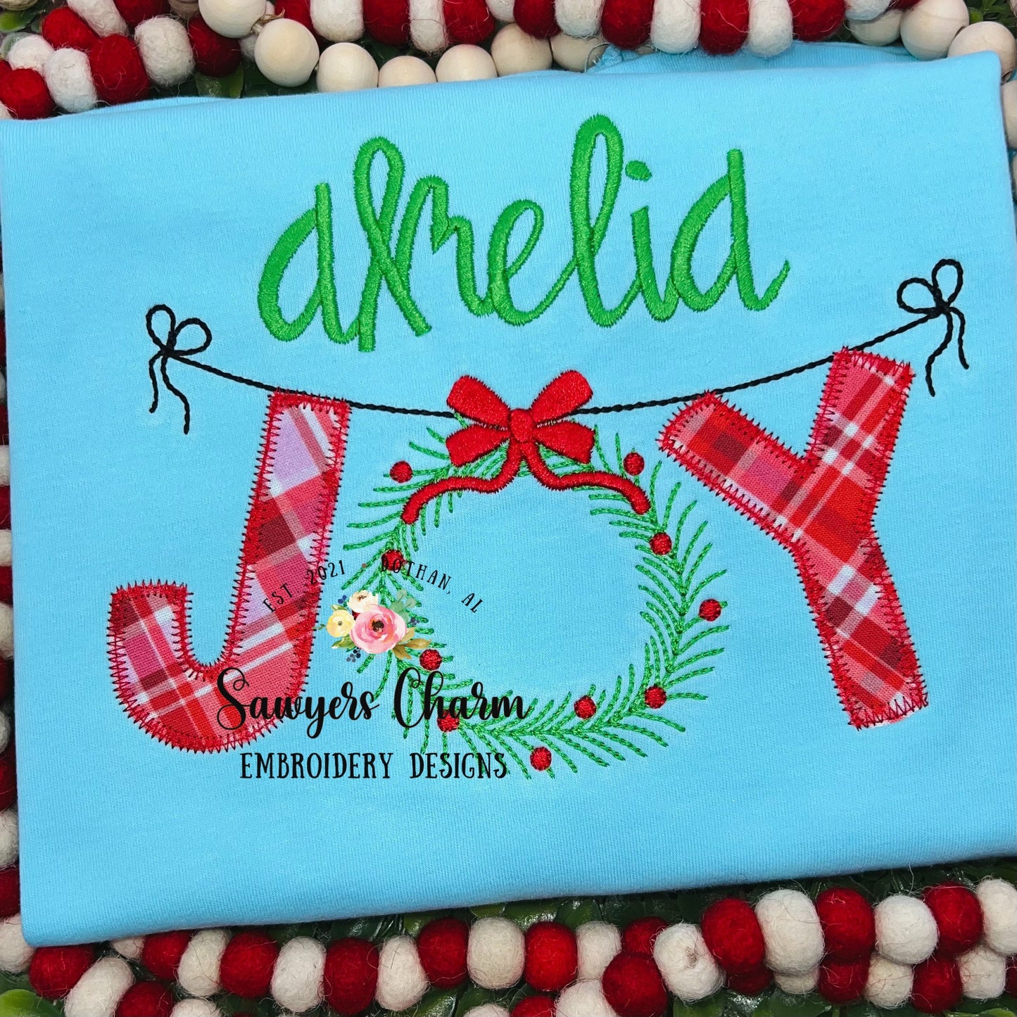 Christmas JOY wreath with bow bunting banner zigzag applique machine embroidery design file, quick stitch, bean stitch, winter holiday