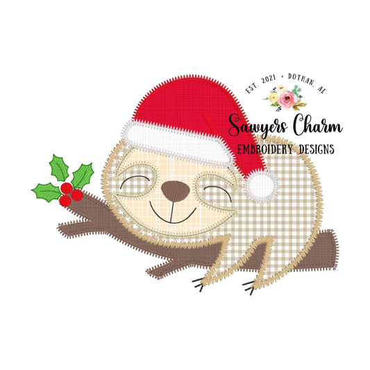 Christmas sloth, santa hat holly berries zigzag applique, machine embroidery design file, quick stitch, holidays, winter, jolly, ho ho ho