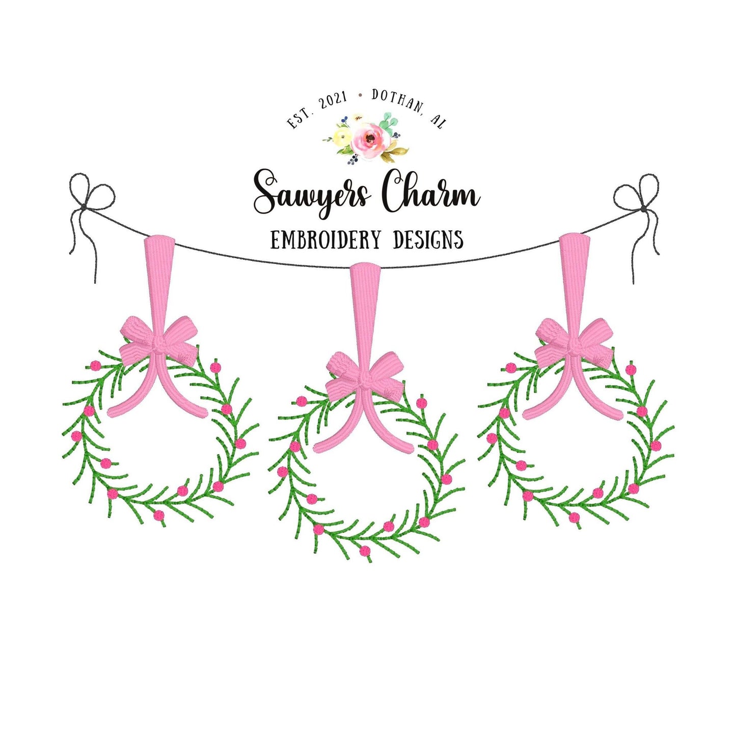 Wreath trio with bows bunting banner bean stitch, machine embroidery design file, satin stitch, holidays Christmas, floral winter wonderland