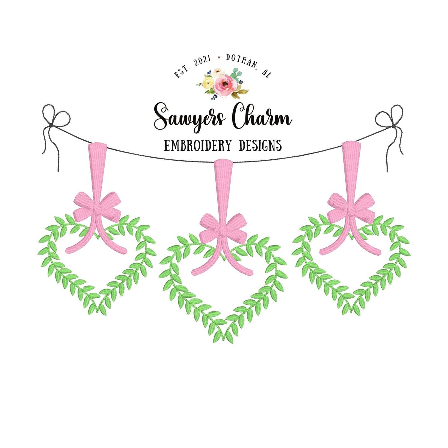 Heart wreath trio with bows bunting banner bean stitch, machine embroidery design file, satin stitch, holidays, winter, Valentines Day