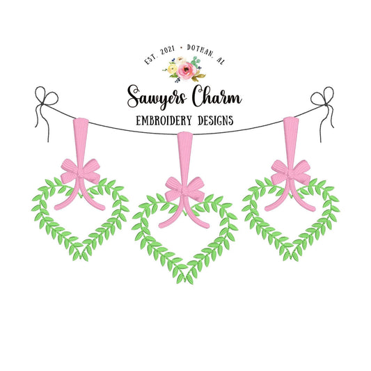 Heart wreath trio with bows bunting banner bean stitch, machine embroidery design file, satin stitch, holidays, winter, Valentines Day