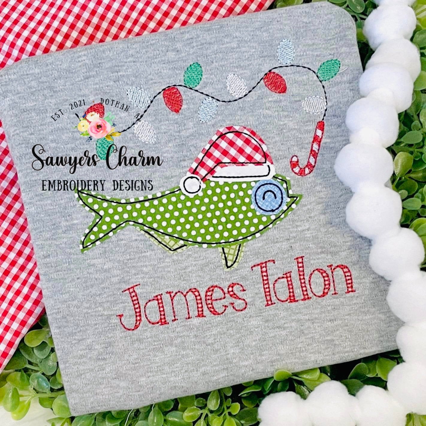 Christmas Santa fish bean stitch machine applique design file, fishing pole, sketch stitch Christmas lights, candy cane, holiday season