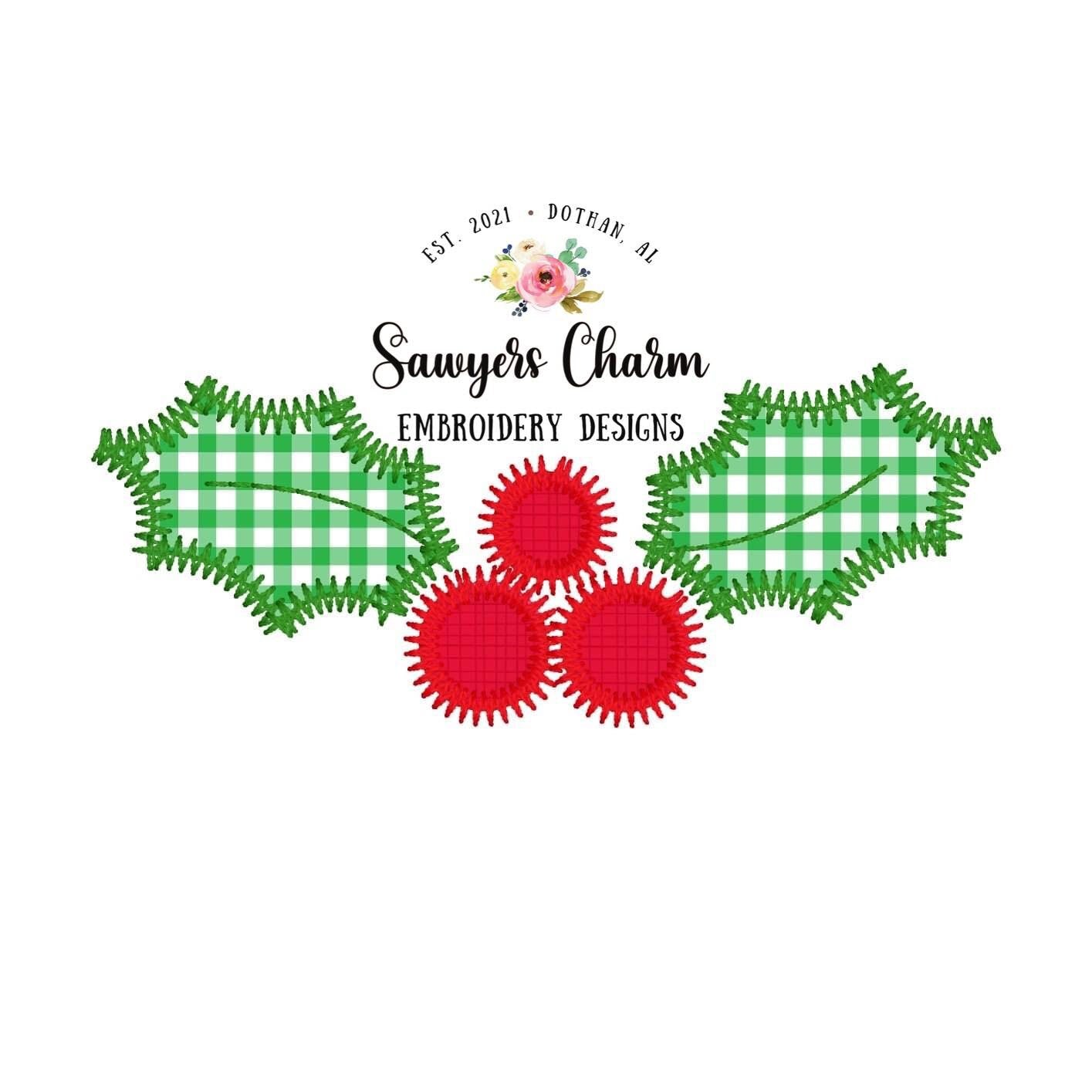BUNDLE Holly berry bean stitch & zig zag machine applique embroidery design file, quick stitch, Christmas, happy holidays, monogram frame