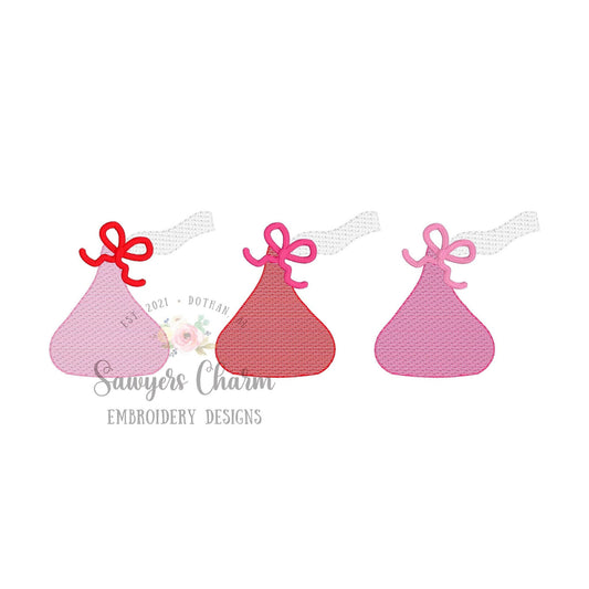 Chocolate kisses candy trio with & without bows sketch stitch, machine embroidery design file, winter, Valentine's Day, love, satin bows