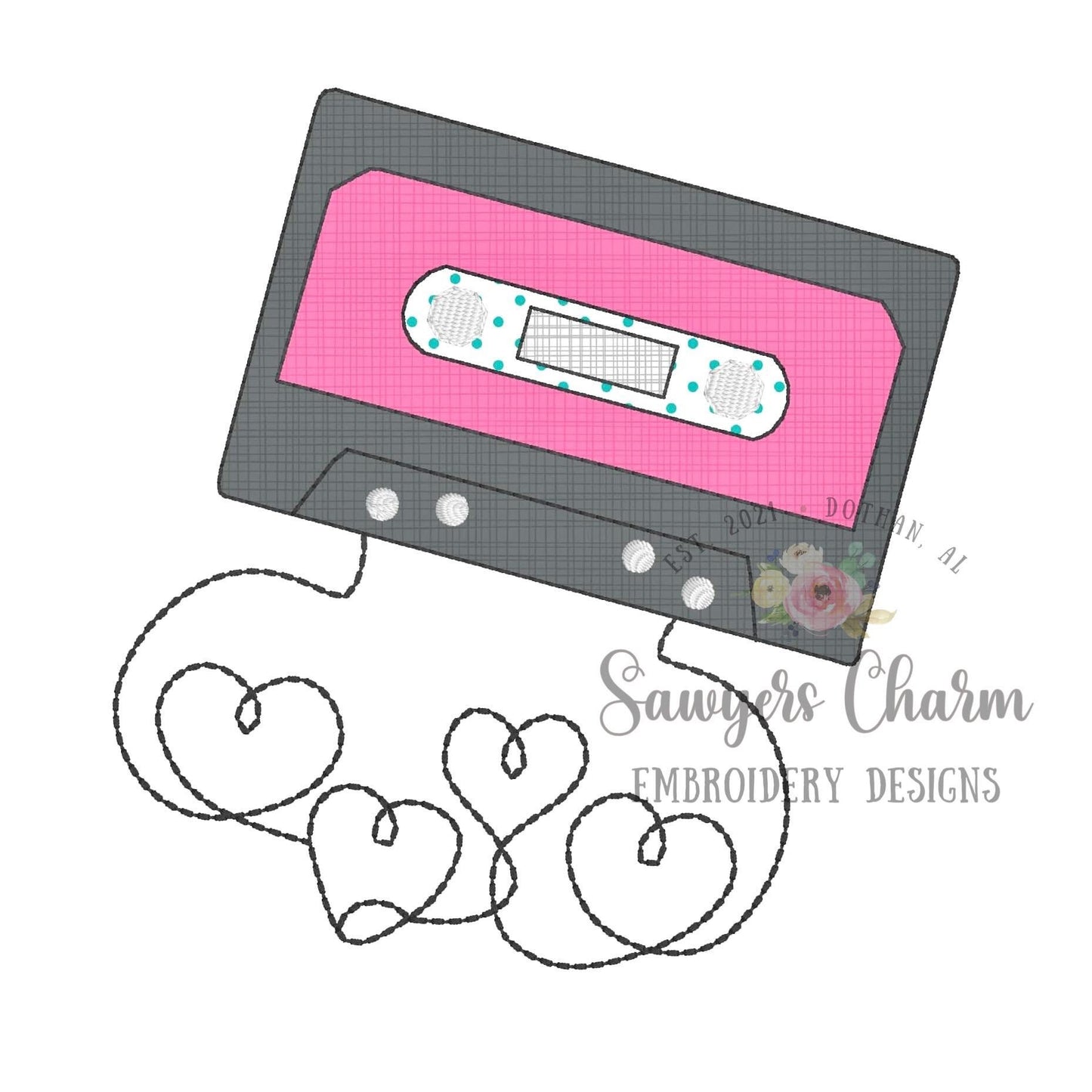 Valentine's Day heart cassette tape bean stitch machine applique embroidery design file, love, retro vintage, music, 80's, rock and roll
