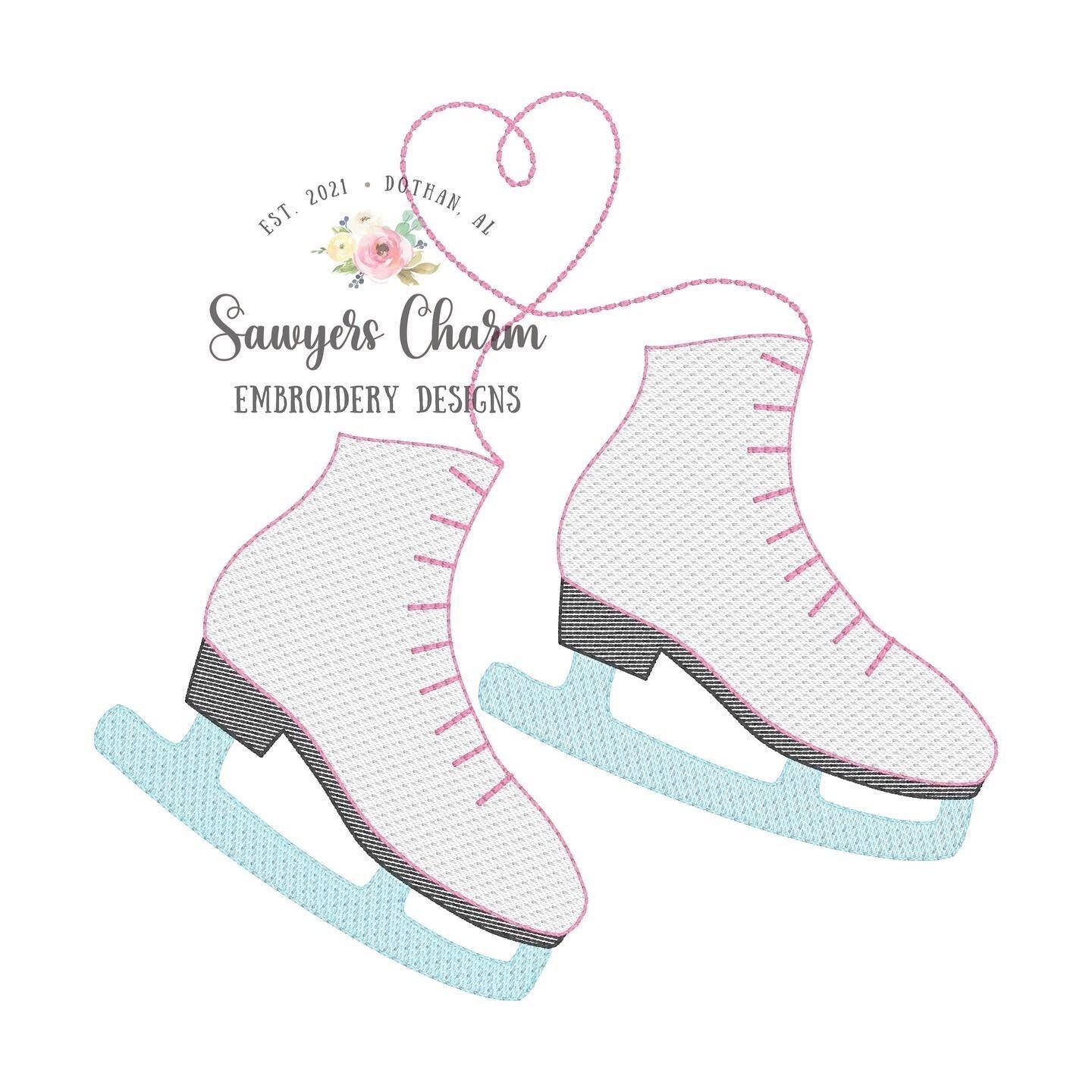 Ice skates with heart strings sketch stitch machine embroidery design file, bean stitch, quick stitch, winter wonderland, love, skating snow