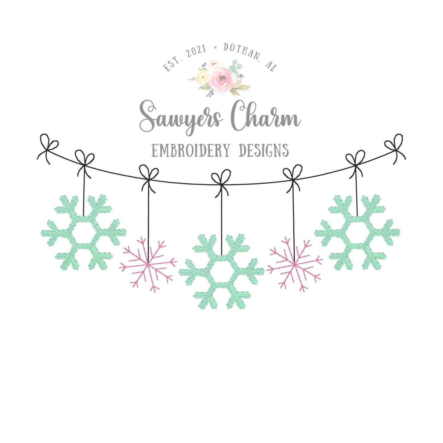 Snowflakes bunting banner with bows sketch stitch machine embroidery design file, bean stitch, quick stitch, winter wonderland, snowfall